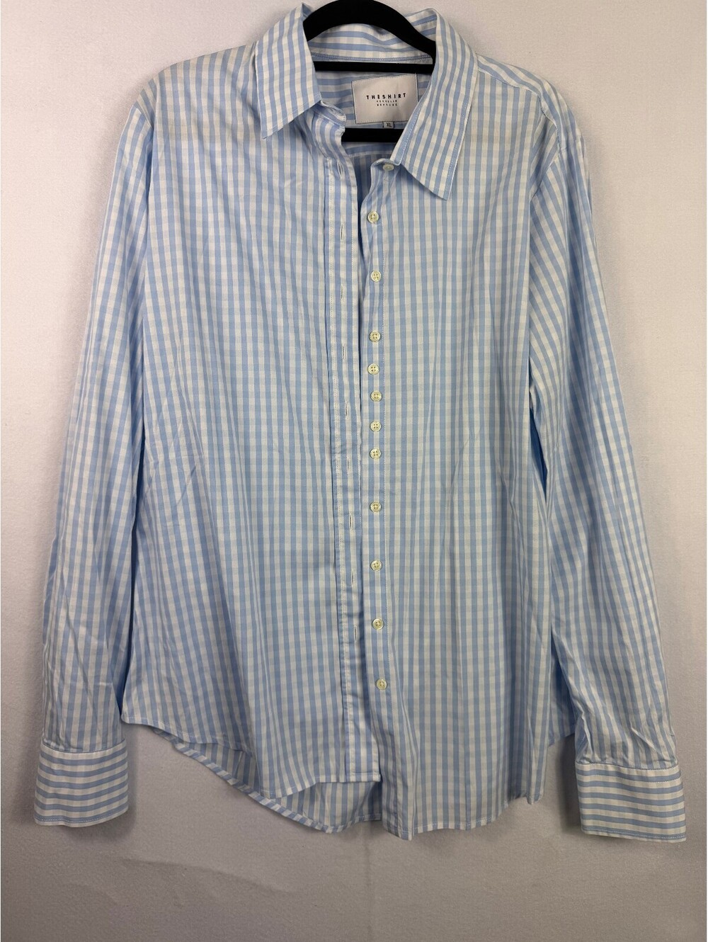 THESHIRT Rochelle Behrens XL Blue White Gingham Button Down Shirt Cotton